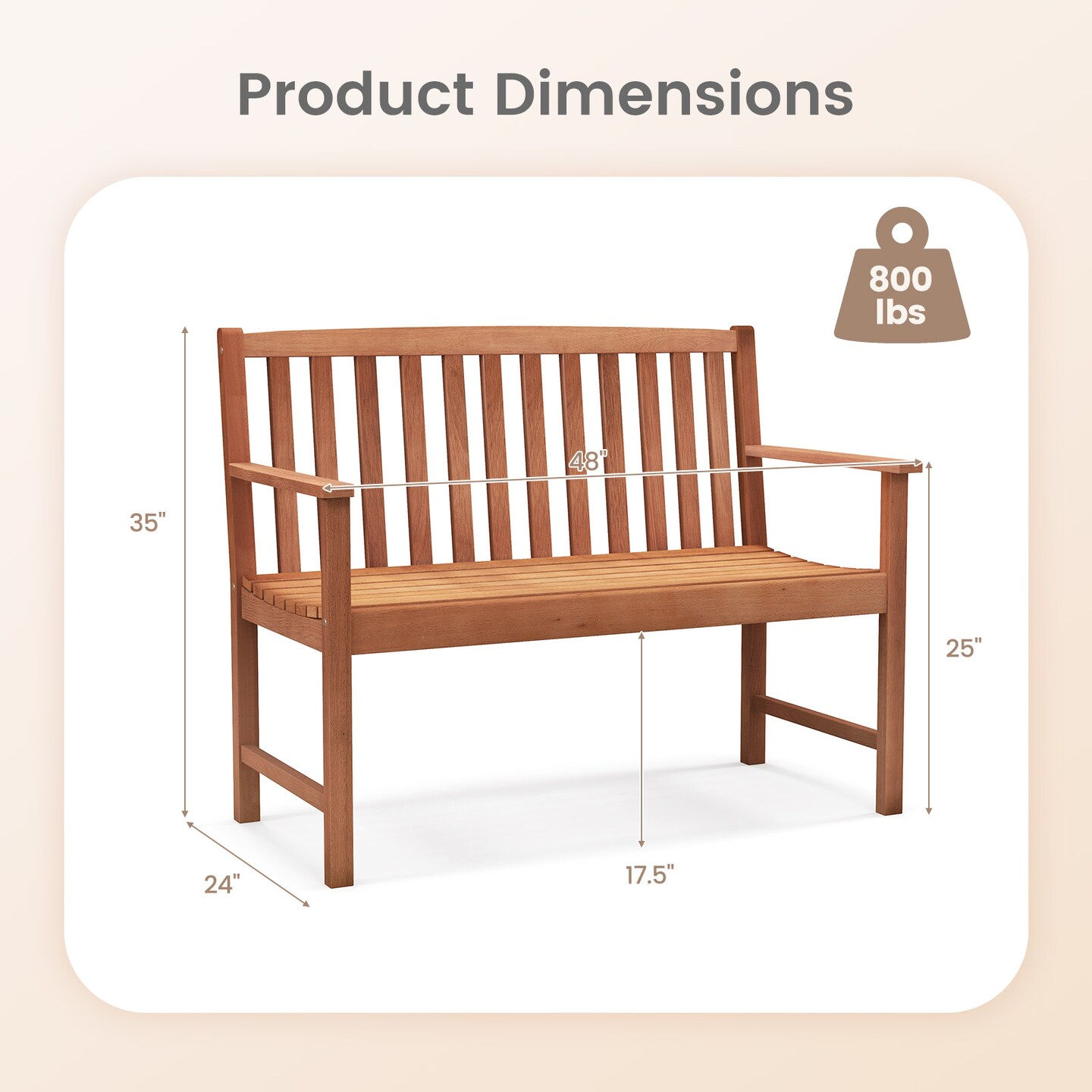 2-seat Patio Wood Bench with Cozy Armrests and Slatted Backrest