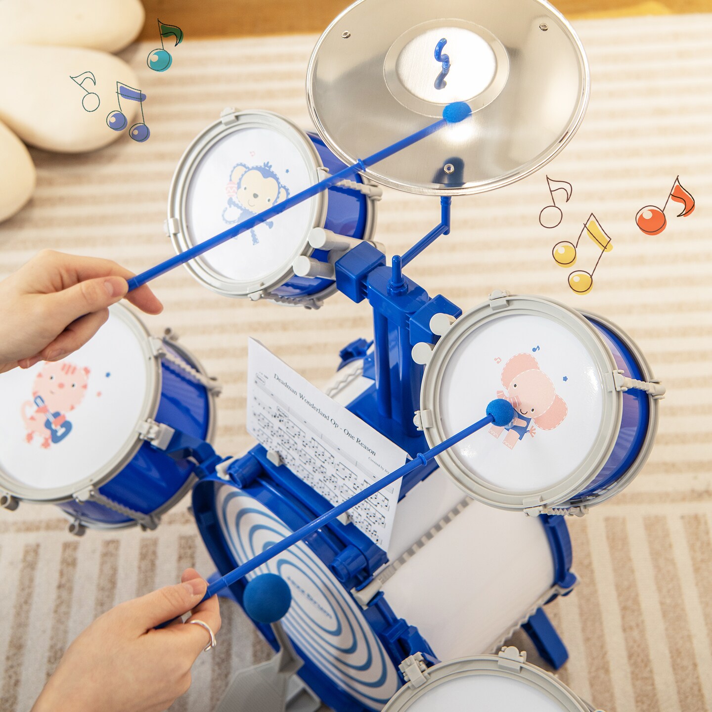 Kids Drum Set Educational Percussion Musical Instrument Toy With Bass  Drum-blue