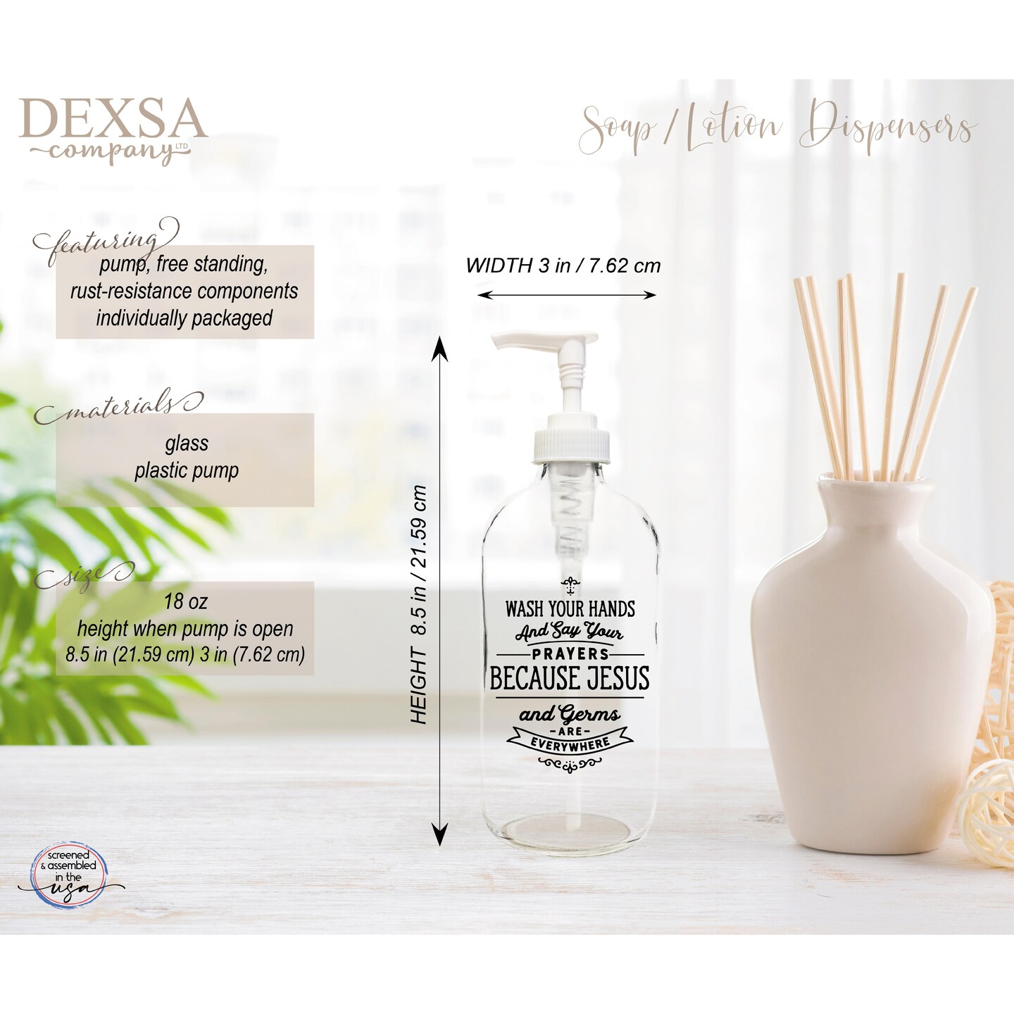 Wash Your Hands Glass Soap Dispenser Holds 16 ounces