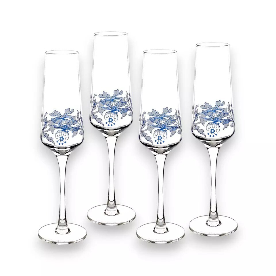 Spode Blue Italian Glass Champagne Flutes, Iconic Design, 8 oz, 4 Set Blue White