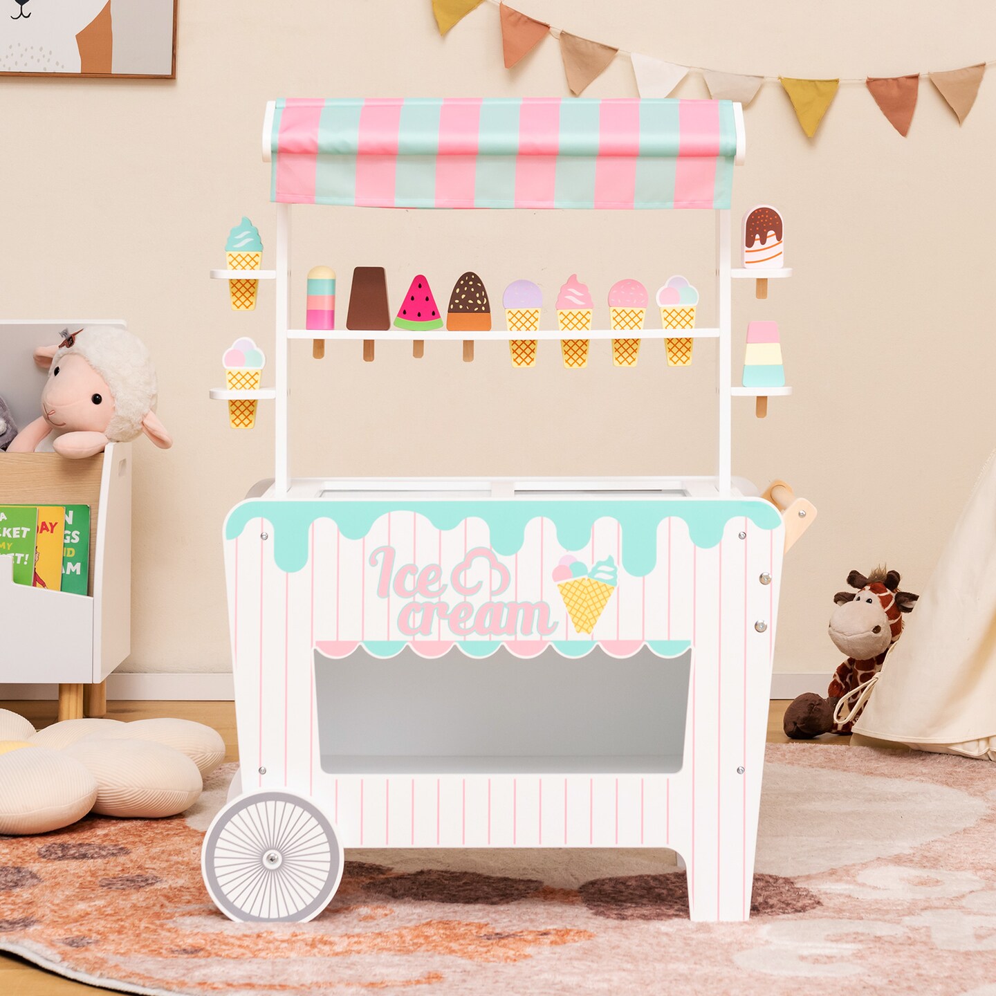 Kid&#x27;s Ice Cream Cart Playset With Display Rack And Accessories