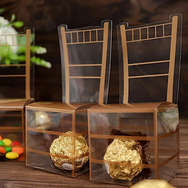 25 CLEAR GOLD Plastic FAVOR BOXES Chair Shaped Gift Holders