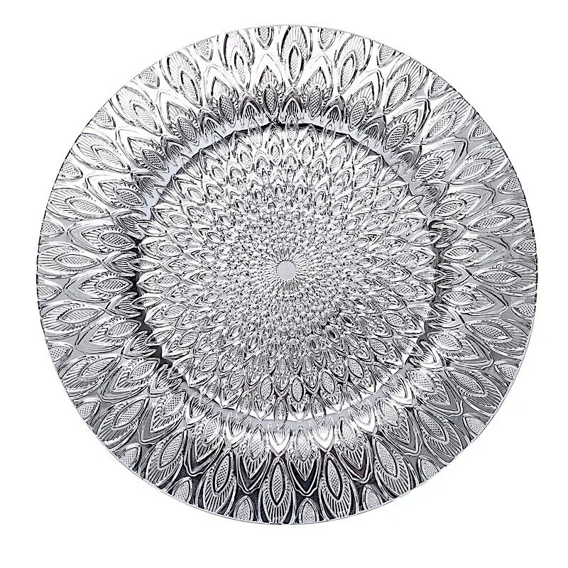 SILVER 6 Plastic 13" Round CHARGER PLATES Embossed Peacock Pattern