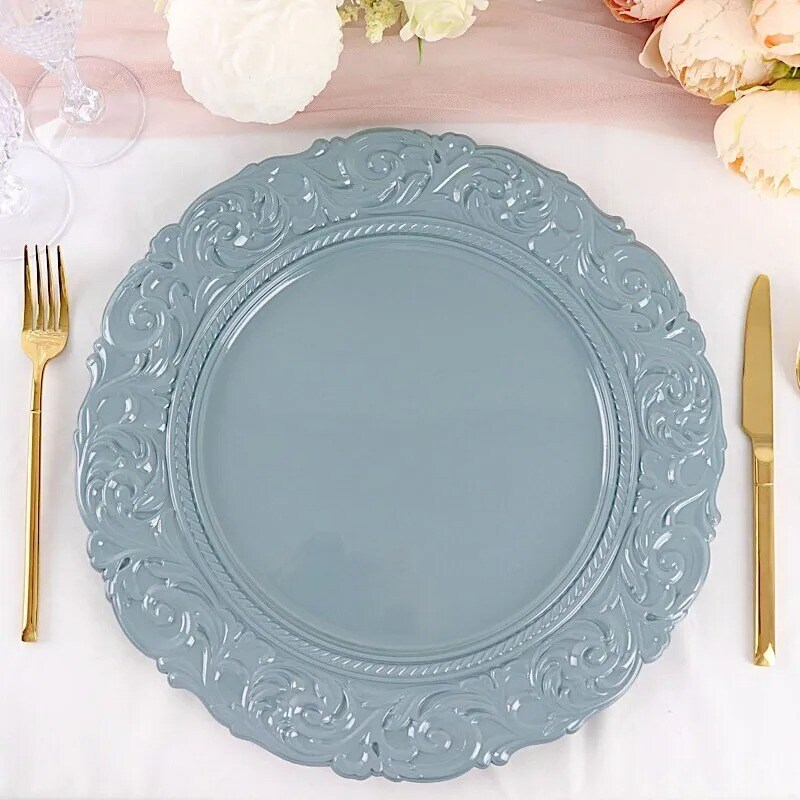 6 DUSTY BLUE 14&#x22; Round Baroque Metallic Charger Plates