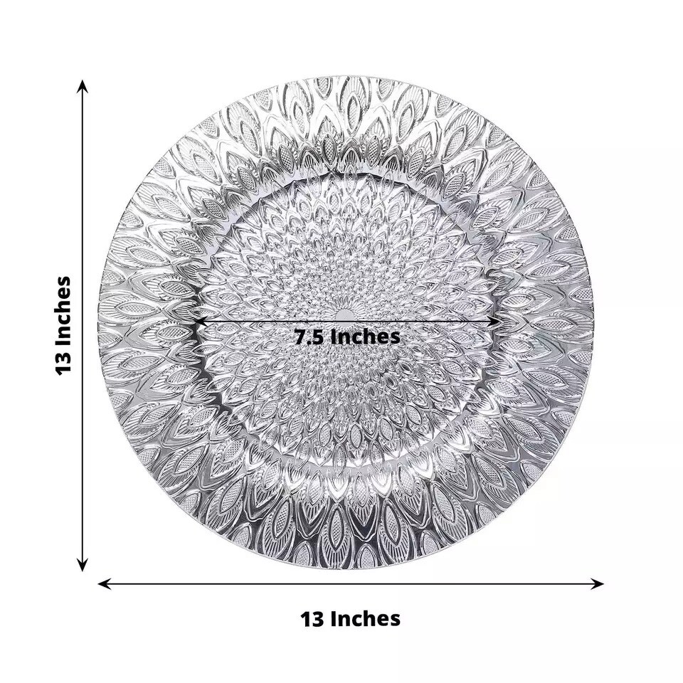 SILVER 6 Plastic 13" Round CHARGER PLATES Embossed Peacock Pattern