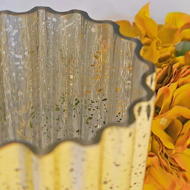 GOLD 9&#x22; Wavy Design Mercury GLASS Hurricane CANDLE HOLDER