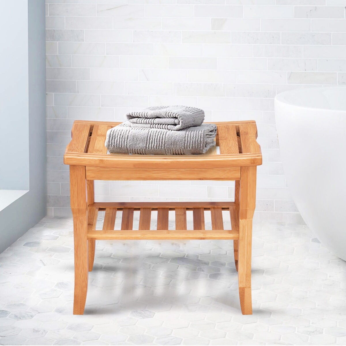 Bathroom Wicker Shower Chair Bench With Storage Shelf