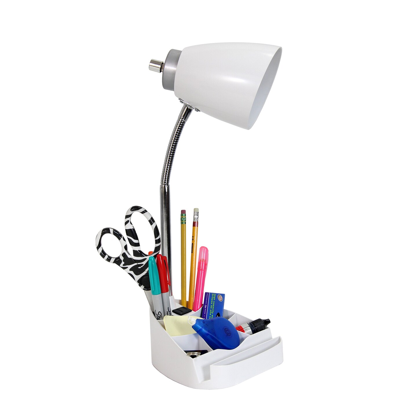 Limelights Gooseneck Organizer Desk Lamp with iPad Tablet Stand Book Holder and Charging Outlet, White