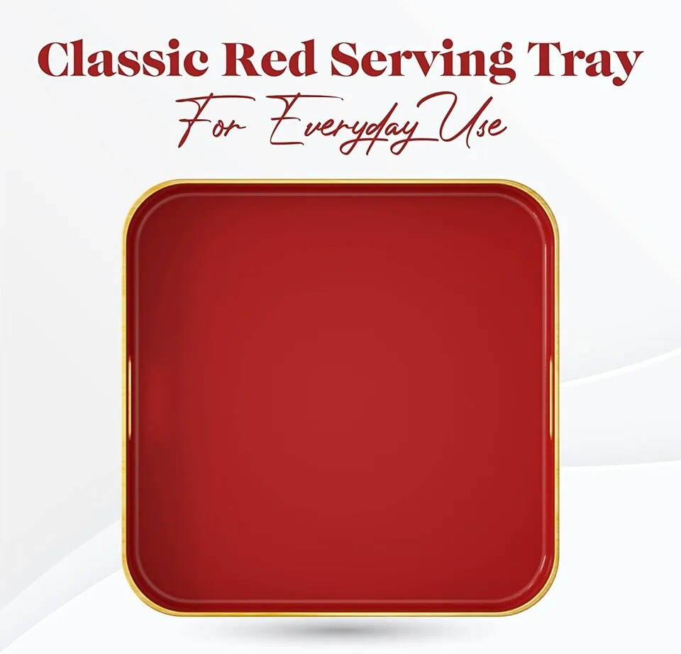 American Atelier Red Serving Square Tray with Gold Trimming &#x26; Handles