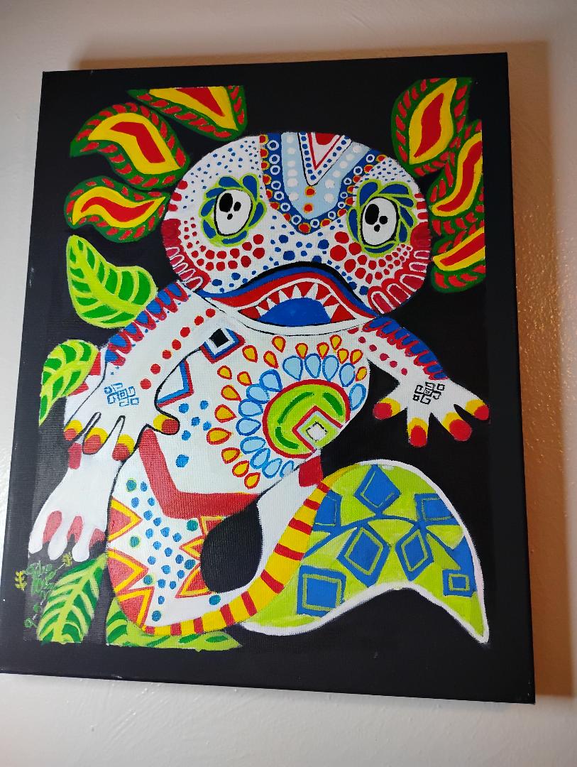Hand Painted Acrylic Axolotl Mandela Painting. 20x16