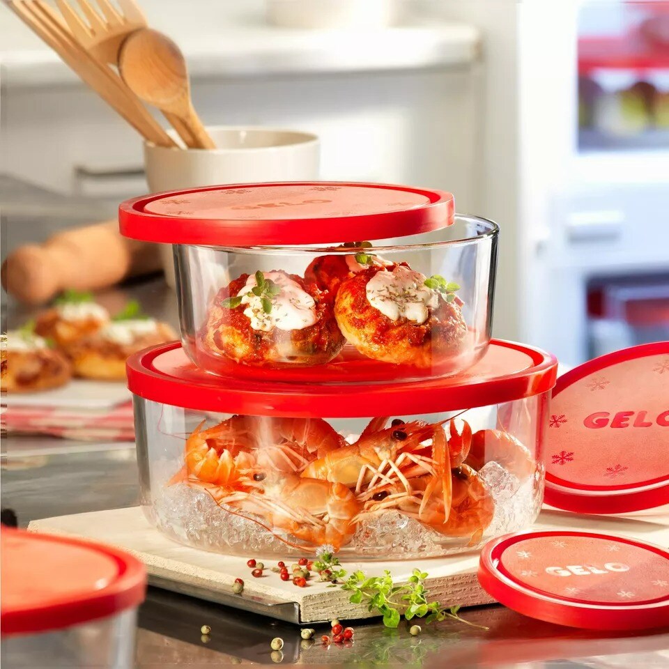Bormioli Rocco Gelo 4 Piece Glass Round Food Storage Container Set with Red Lid