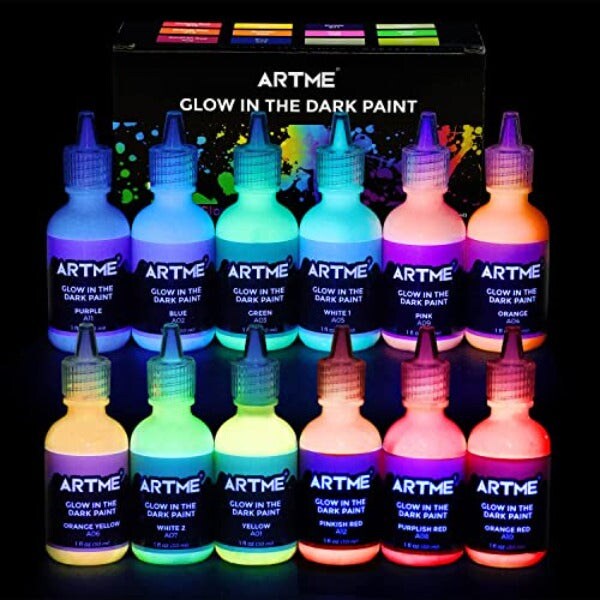 Glow in The Dark Paint, Glow Paint Set of 12 Bright Colors 30ml/1oz, Acrylic Glow in The Dark Paint Perfect for Art Painting, DIY projects, Halloween and Christmas Decorations, Rich Pigments for Adults, Artists and Students