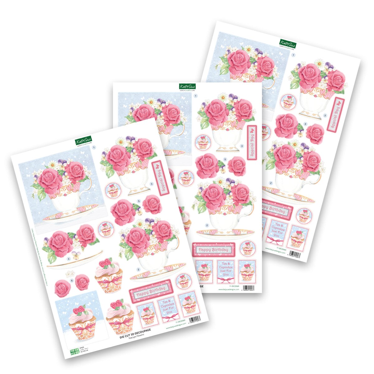 Katy Sue Die Cut Decoupage &#x2013; Teacups, Flowers And Cake (Pack Of 3)