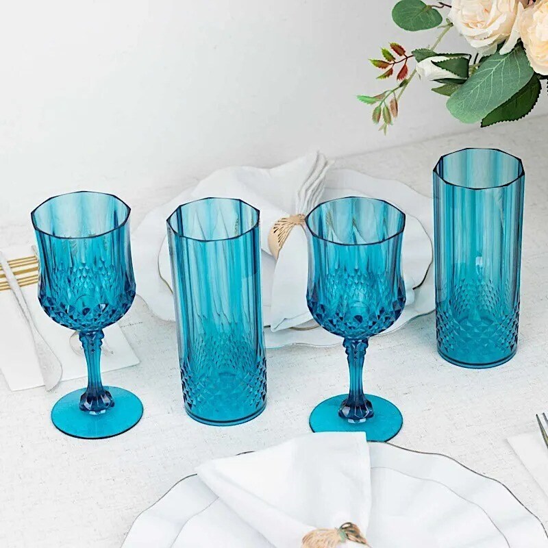 OCEAN BLUE 6 Plastic 8 oz Crystal Cut Goblets WINE GLASSES