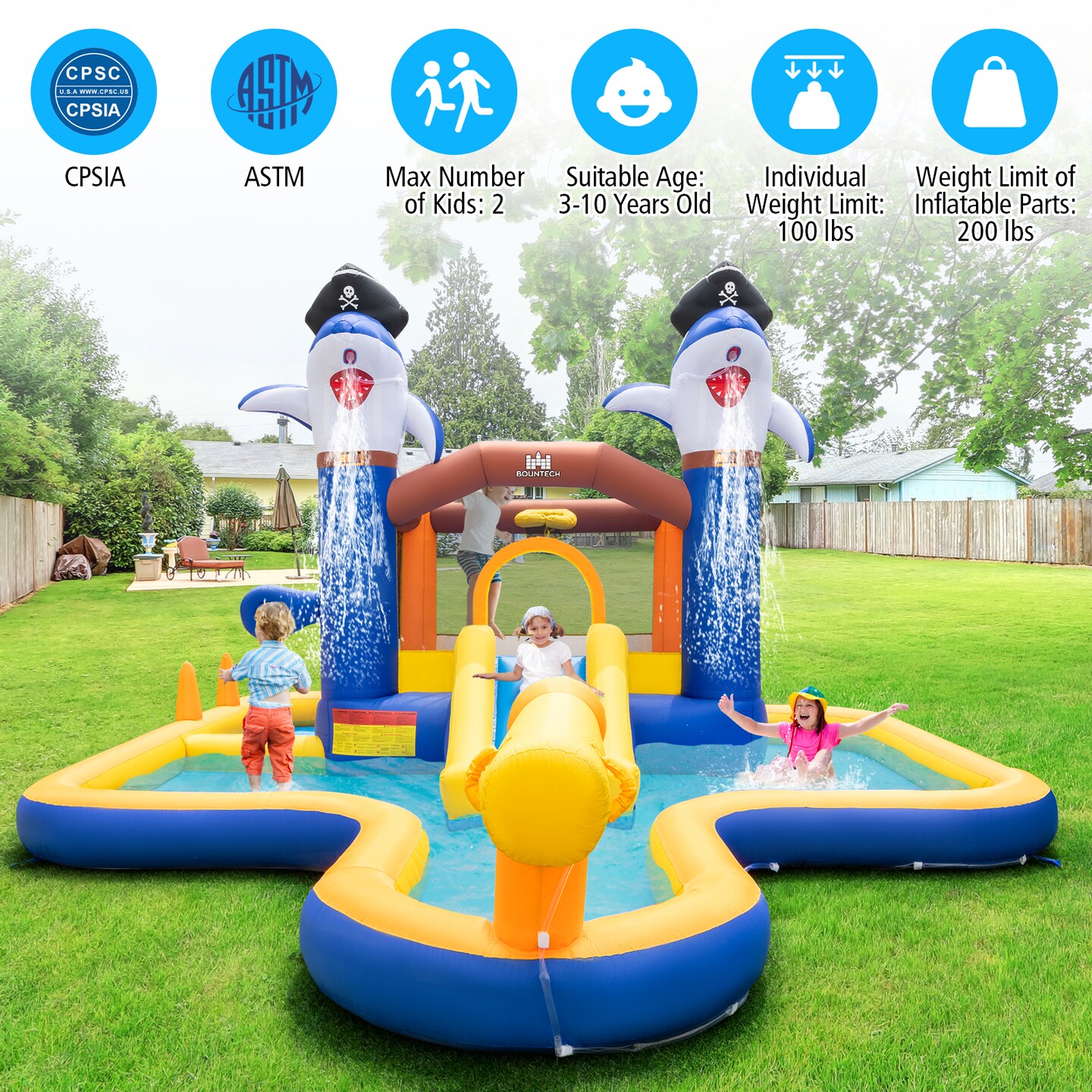 7-in-1 Water Slide Park With Splash Pool And Water Cannon Without Blower