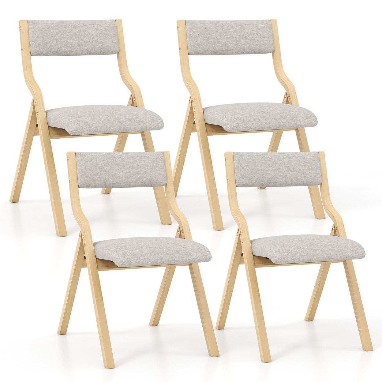 Gymax Folding Dining Chairs Set of 4 Wooden Table Chairs w/ Padded Seat Modern Grey and Natural