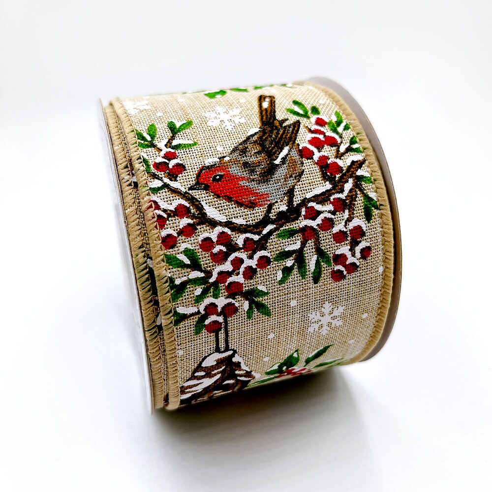 Designer&#x2019;s Shop WR 63-5195 Holiday Winter Berries with Bird and Bird house Wired edge ribbon 2.5&#x201D; x 10 yard