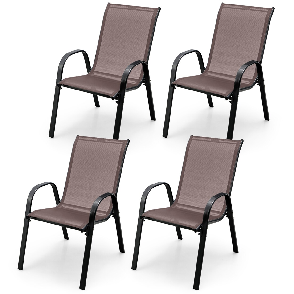 Gymax 4PCS Patio Stacking Dining Chairs w/ Curved Armrests and Breathable Seat Fabric Brown