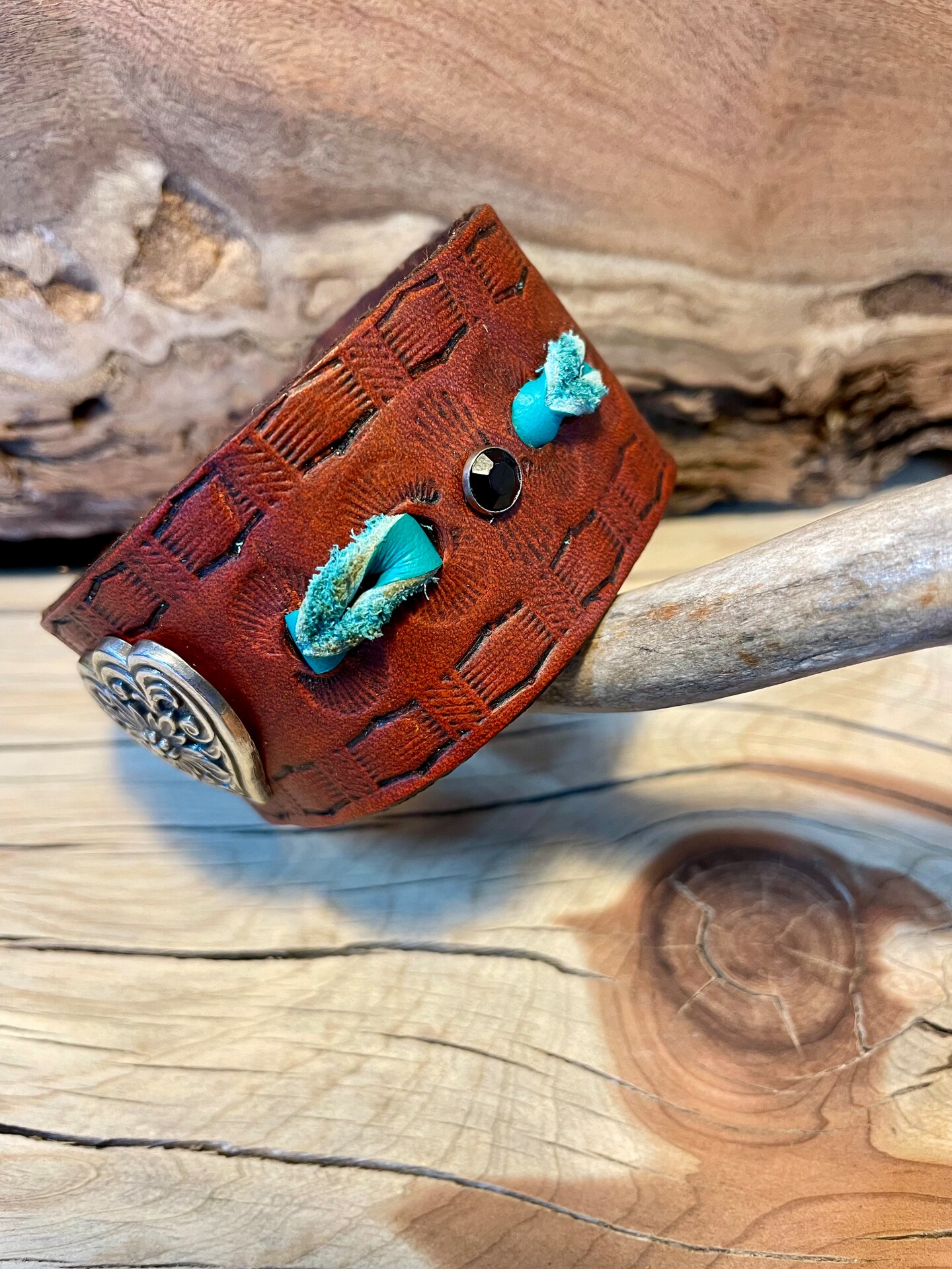 Brown Leather cuff bracelet, western tooled gift for women, floral