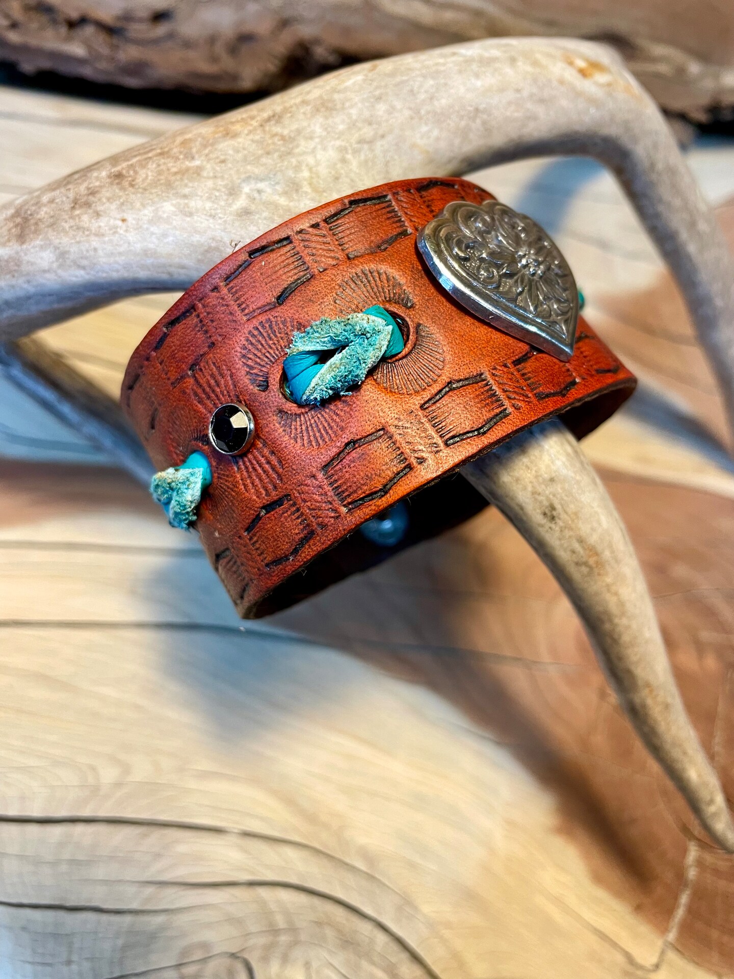 Brown Leather cuff bracelet, western tooled gift for women, floral