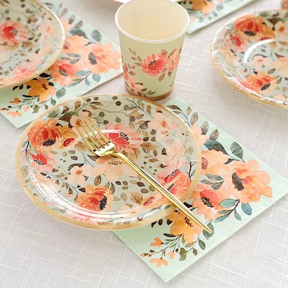 72 Sage Green Disposable Dinnerware Set with Pink Floral Print