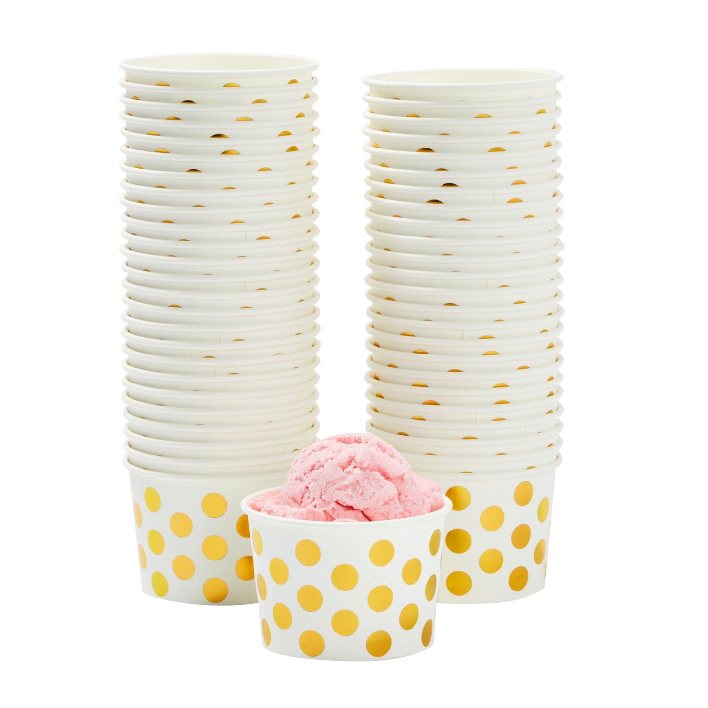 50-Pack Paper Ice Cream Cups for Frozen Yogurt, Sundae Bar, Parfaits, Treats, Diners, Restaurants, Bakeries, Disposable Dessert Bowls with Gold Foil Polka Dots (8 oz)