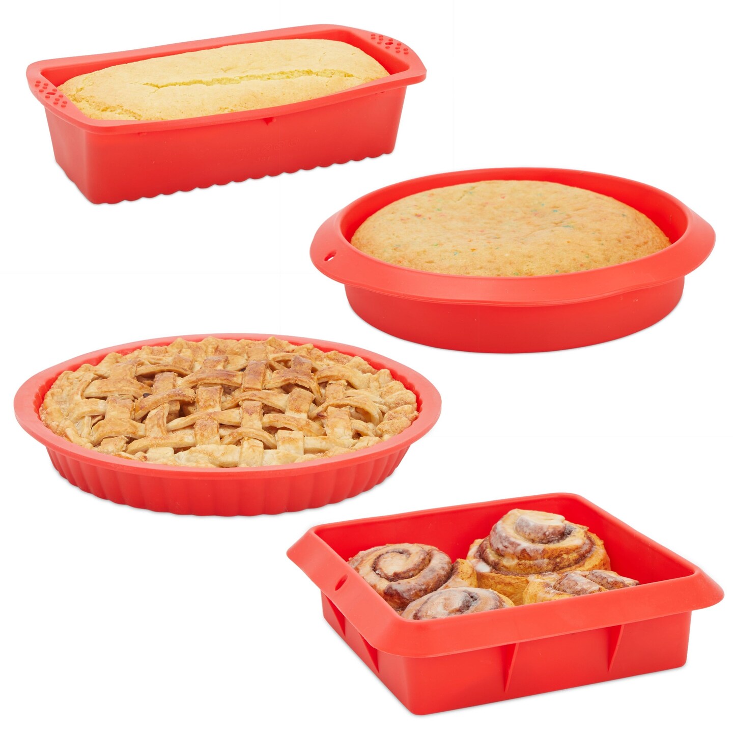 4-Piece Red Silicone Bakeware Set with Square Brownie Pan, Bread Loaf, Round Cake and Pie Pans, Easy to Clean and Multipurpose, Baking Essentials Kit (Nonstick)