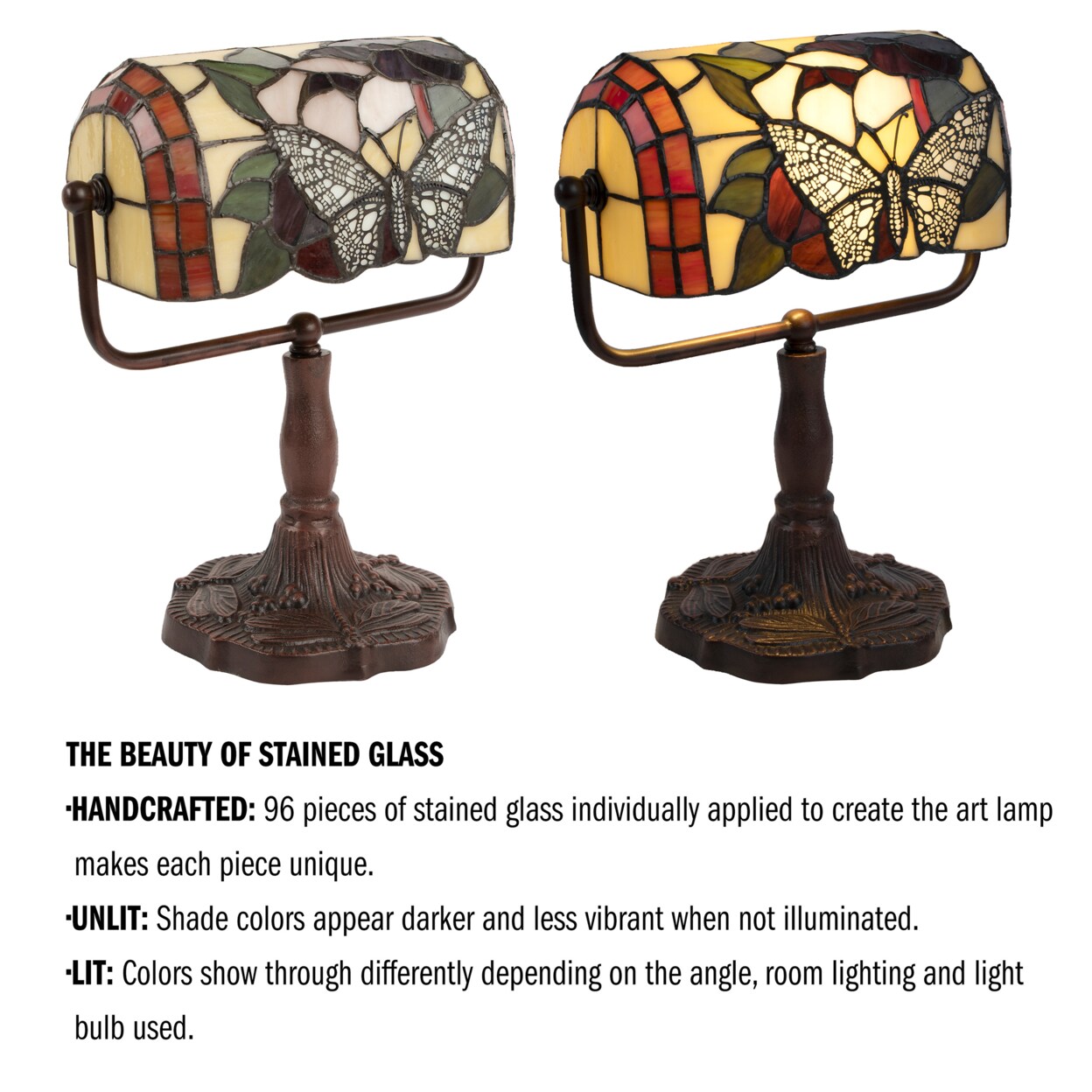 Tiffany Style Bankers Table Desk Lamp Stained Glass Led 12.5In Adjustable