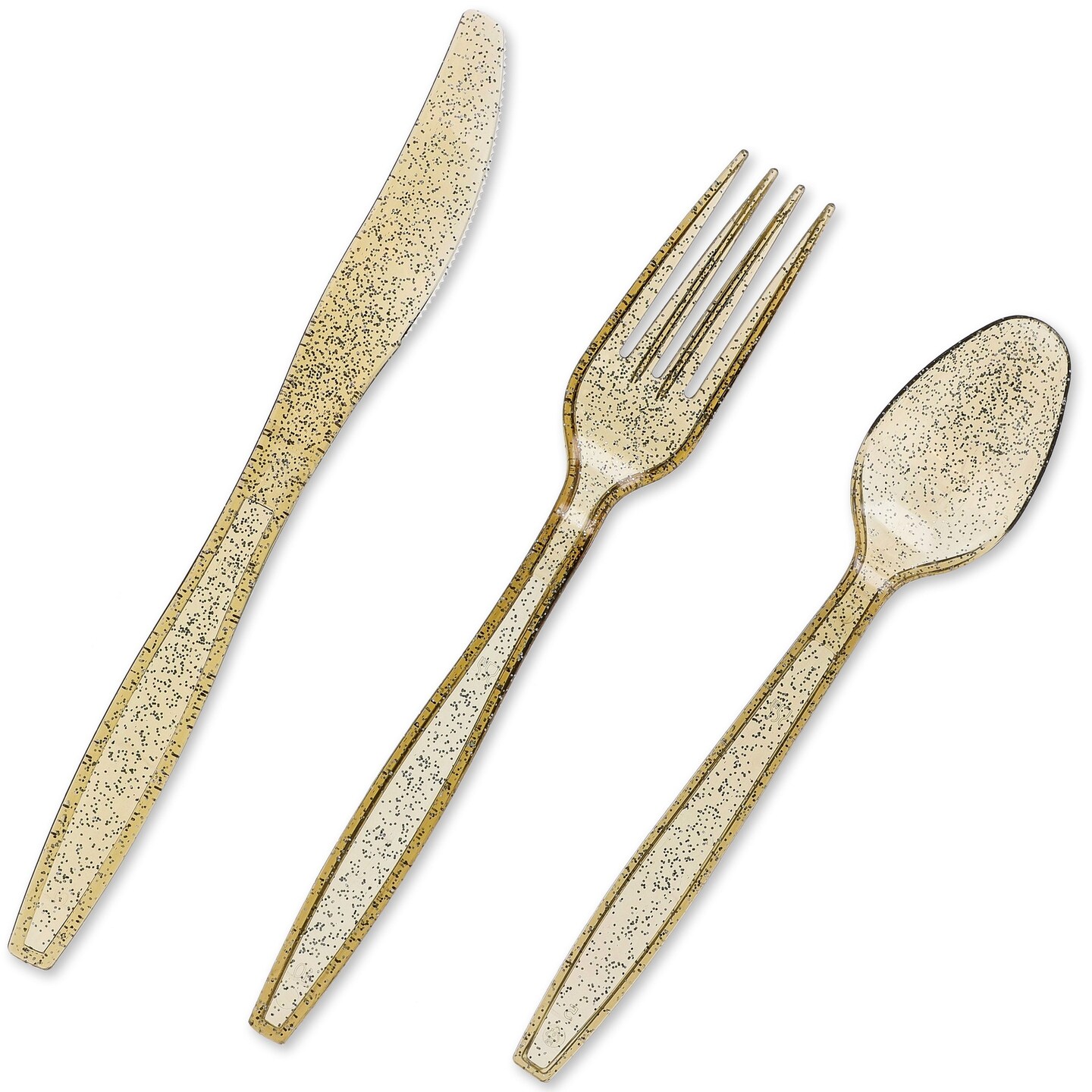 Gold Glitter Plastic Silverware for Weddings, Birthday Party Cutlery, Forks, Spoons, Knives, 96 Pcs