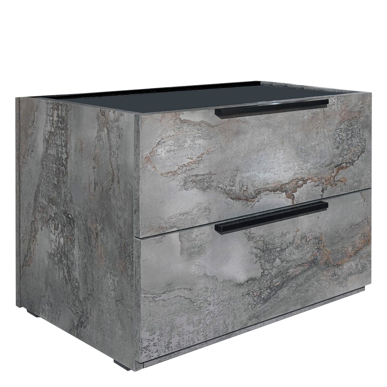 Saltoro Sherpi Noe Ara 24 Inch Nightstand, 2 Gliding Drawers, Oxide Gray Volcano Finish-