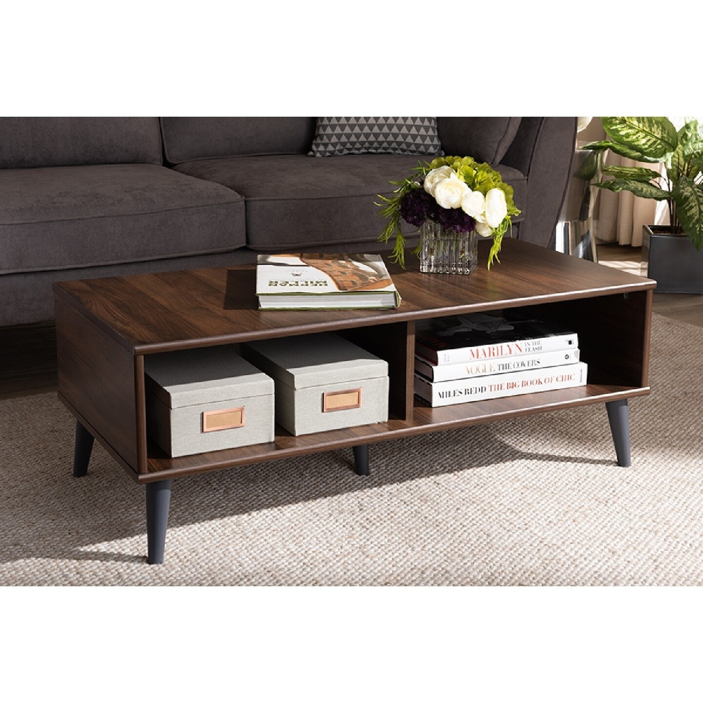 Wholesale Interiors Baxton Studio Pierre Mid Century Modern Brown and Dark Grey Finished Wood Coffee Table