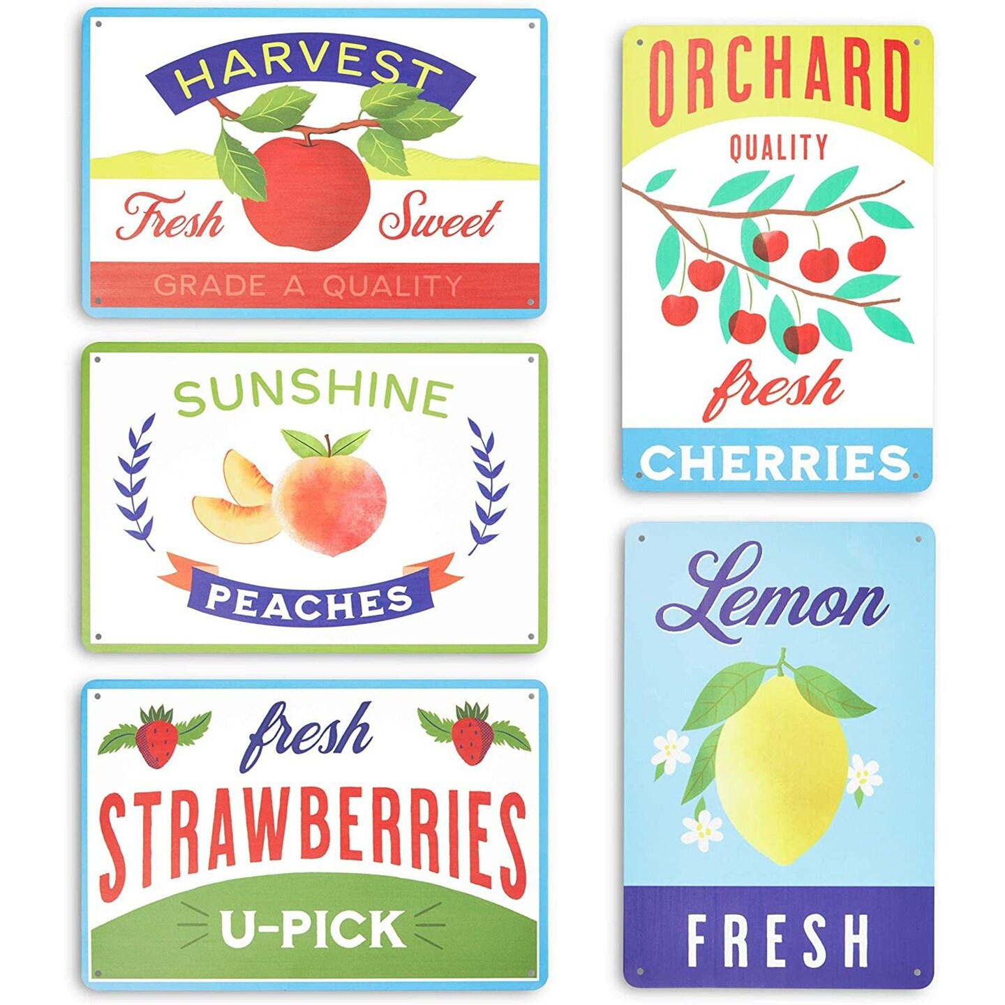 Metal Fruit Crate Label Wall Signs, Kitchen Decor, 5 Designs (11.8 x 7.8 in, 5 Pieces)