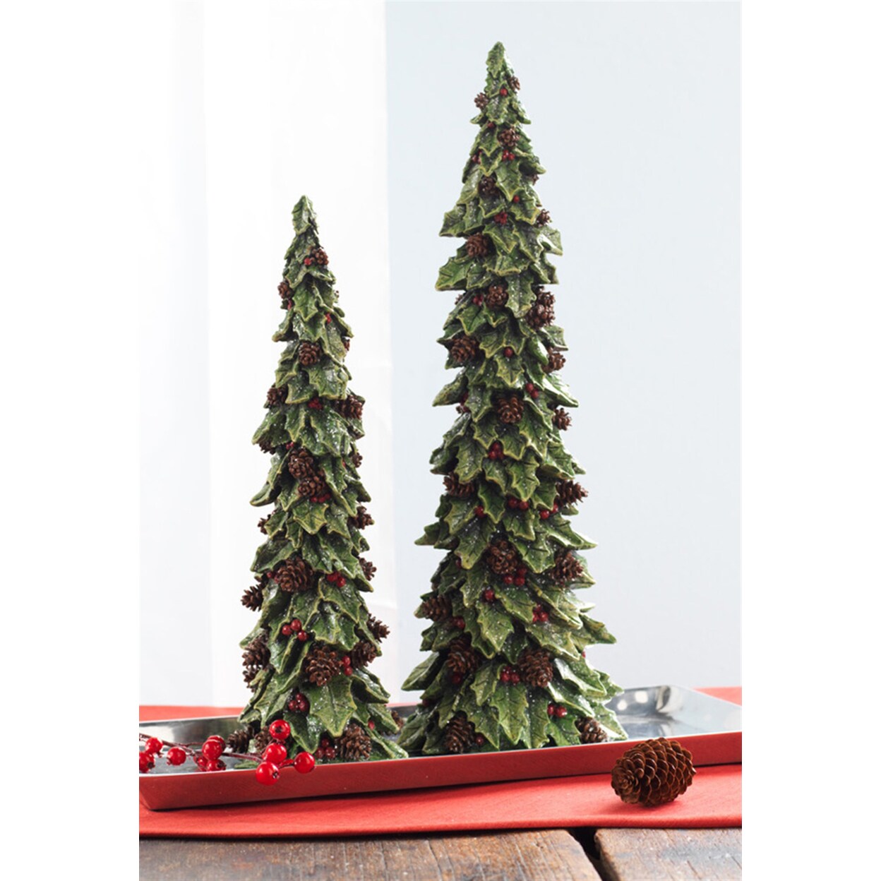 Melrose Holly Trees With Pinecone Detail (Set Of 2) 19.5"H, 15"H Polystone