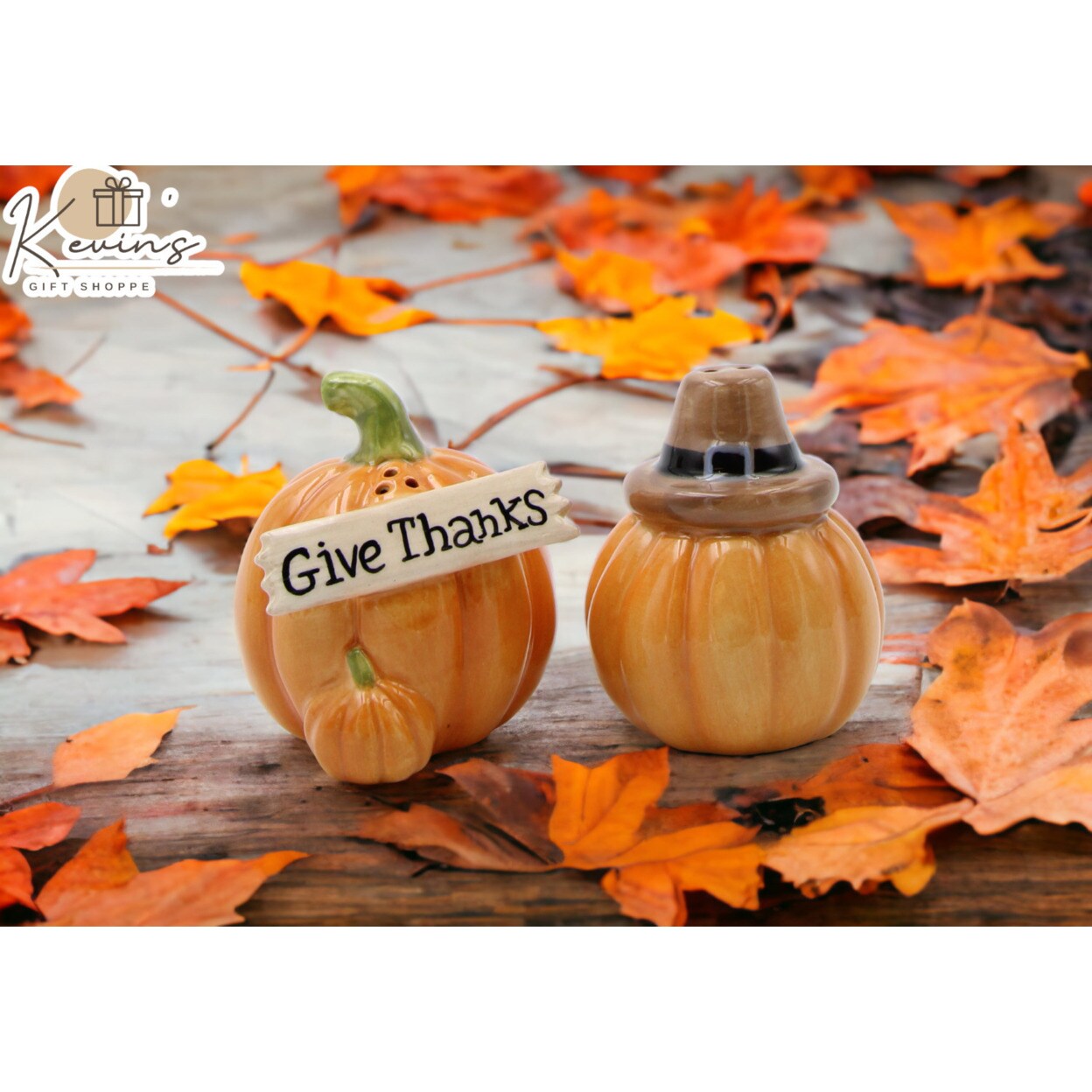 kevinsgiftshoppe Ceramic Pumpkins with Pilgrim Hat and &#x22;Give Thanks&#x22; Salt and Pepper  Mom Kitchen Decor Fall Decor Thanksgiving Decor