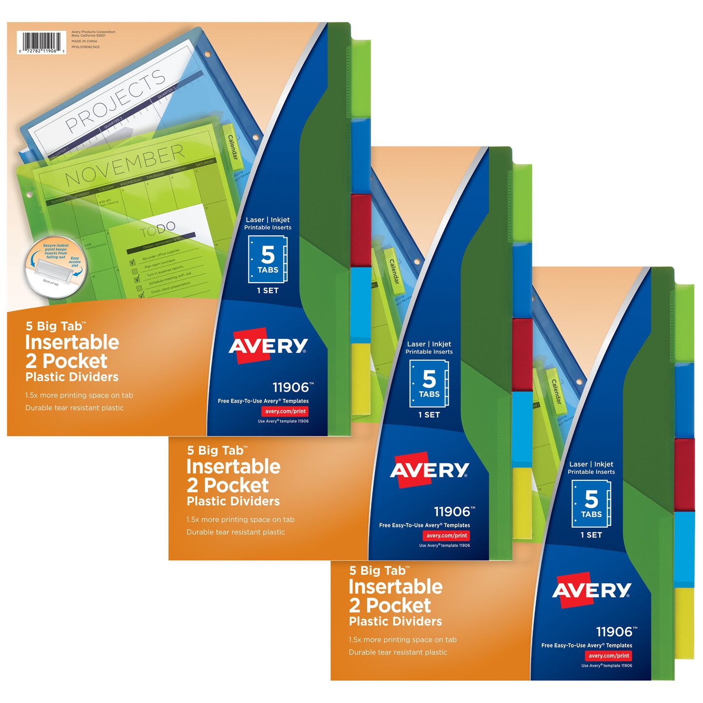 Avery Dividers for 3 Ring Binders, 5-Tab Binder Dividers, Two-Pocket Plastic Binder Dividers, Insertable Big Tab, Multicolor, 3 Sets (71906)