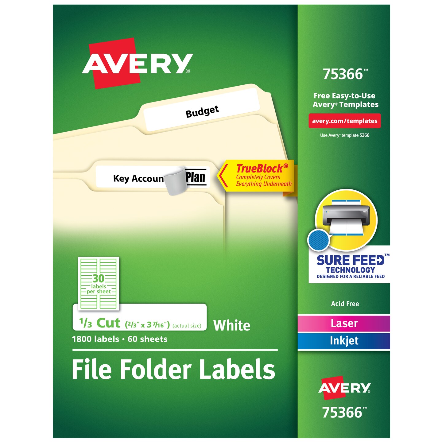 Avery TrueBlock File Folder Labels, 2/3&#x22; x 3-7/16&#x22;, 1,800 Printable Labels, White (75366)