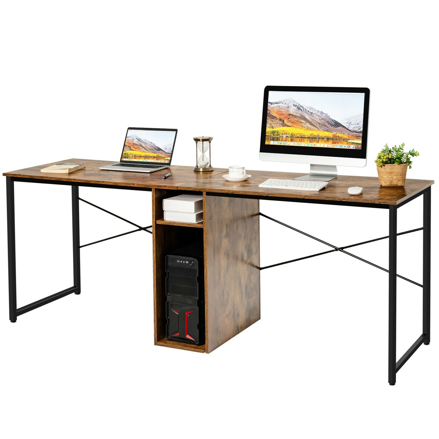 Costway 2 Person Computer Desk Double Workstation Office Desk w/ Storage Rustic Brown Black/Brown