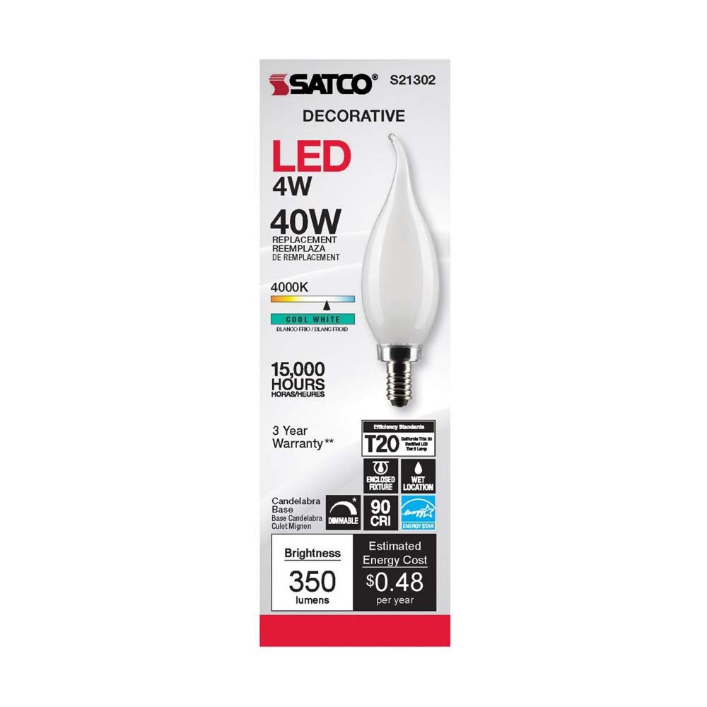 6Pk - Satco 4w CA10 LED 4000K Candelabra Base Frosted Dimmable - 40w equiv