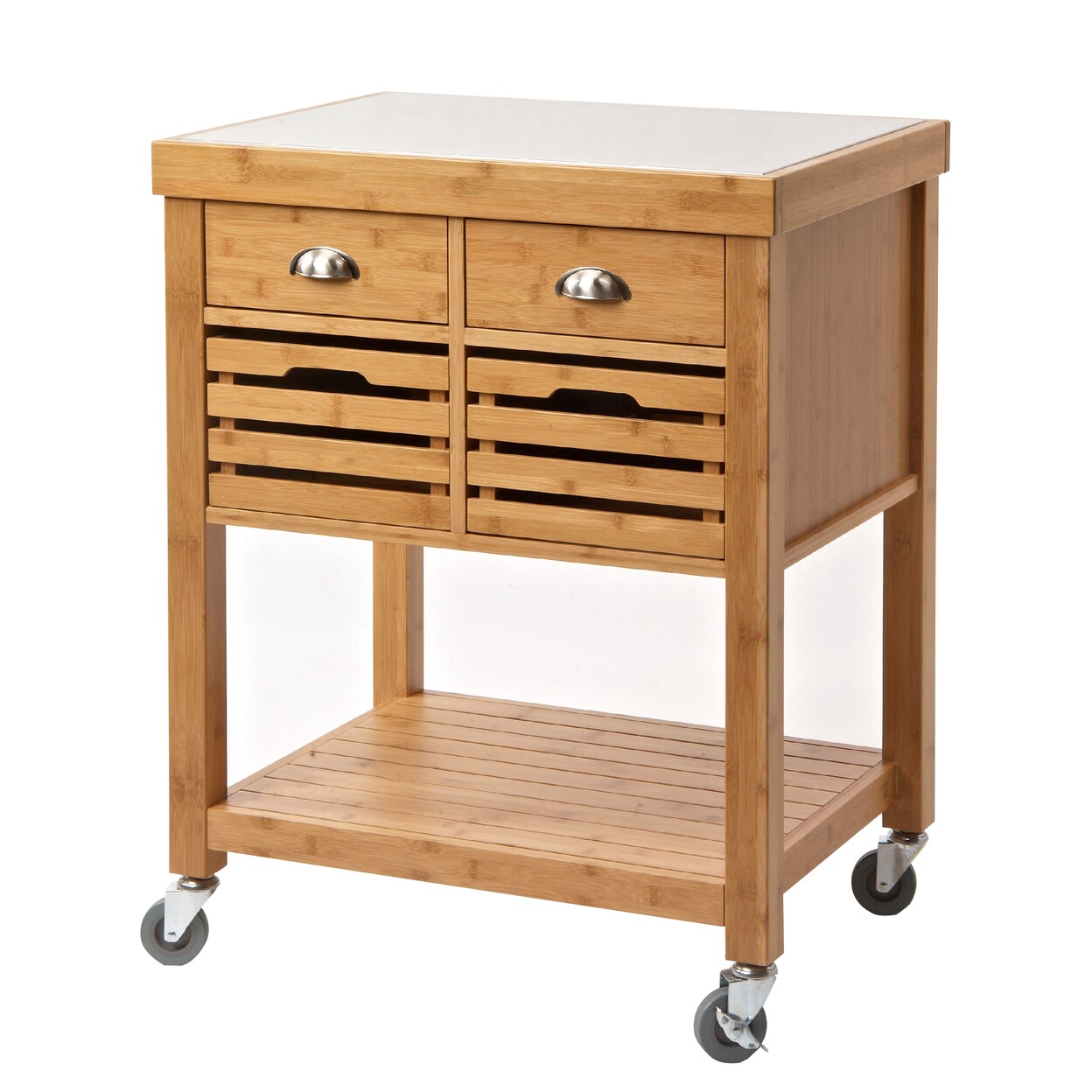 Saltoro Sherpi 36 Inch Bamboo Kitchen Cart Island, 2 Drawers, Stainless Steel Top, Brown-