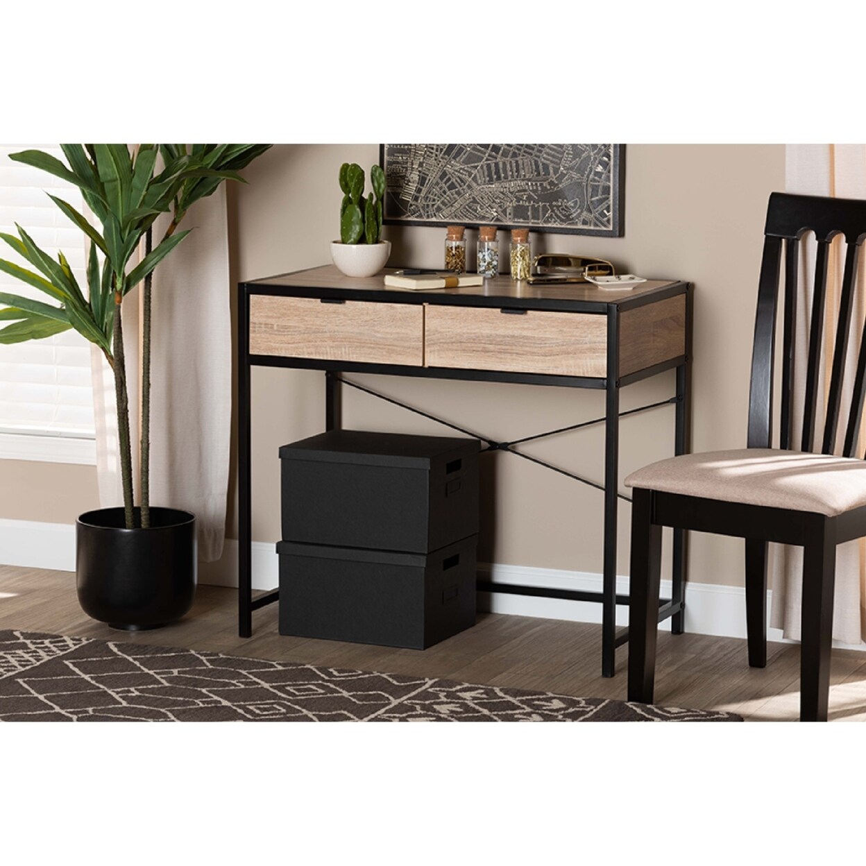 Wholesale Interiors Baxton Studio Grayer Modern Industrial Natural Brown Finished Wood and Black Metal 2 Drawer Desk