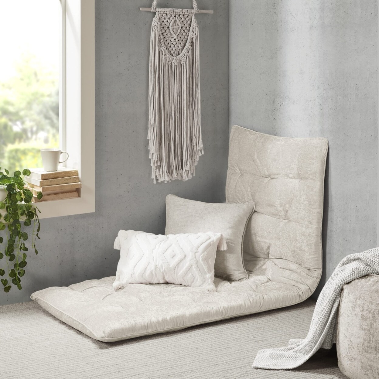 Intelligent Design   Foldable Poly Chenille Light Weight Lounge Floor Pillow Cushion, Ivory - 27&#x22; x 74&#x22;