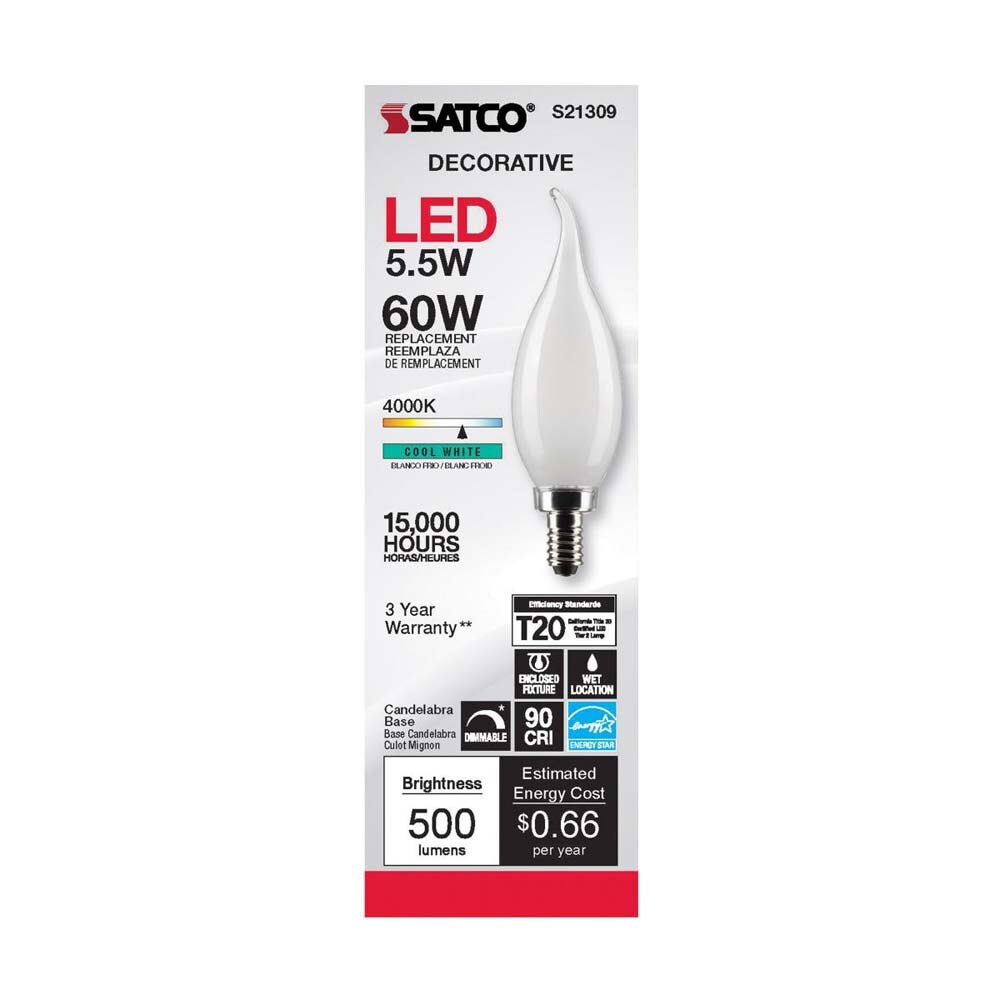 6Pk - Satco 5.5w CA10 LED 4000K Candelabra Base Frosted Dimmable - 60w equiv