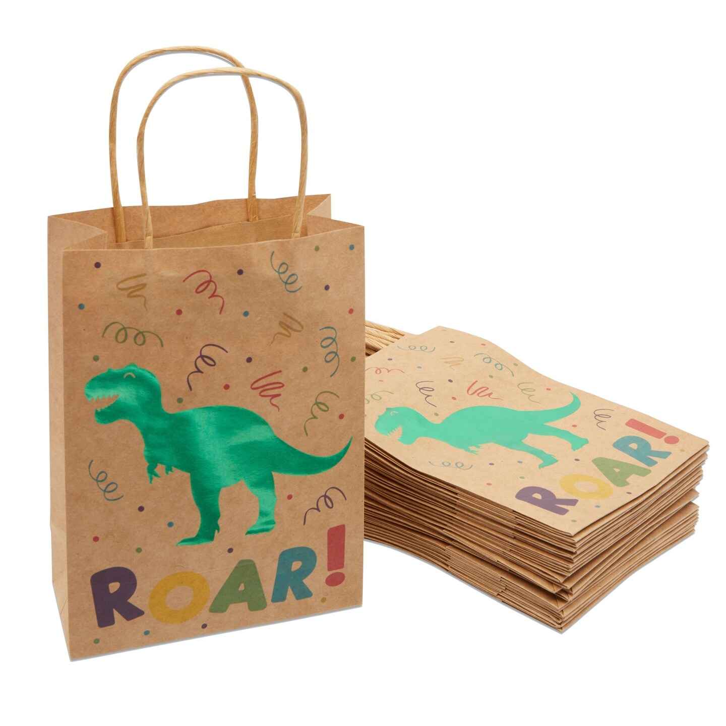 24 Pack Dinosaur Party Bags with Handles, Green Foil T-Rex for