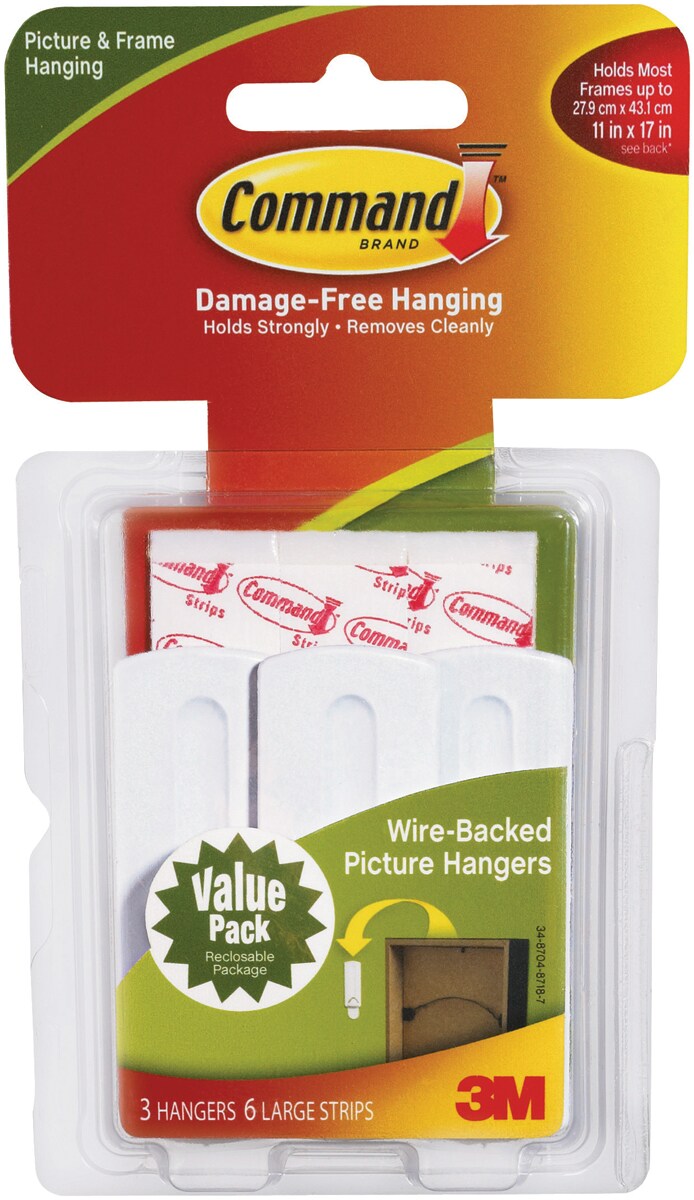 COMMAND ADHESIVE PICTURE HANGERS WIRE-BACKED WHITE VALUE PACK 3 HANGERS AND  6 STRIPS
