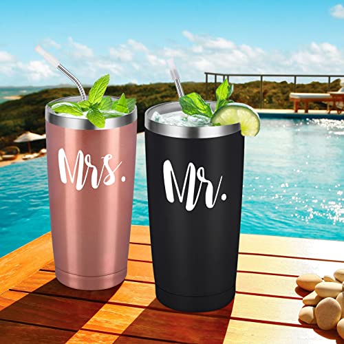 Mr and Mrs Tumbler Set of 2, Gifts for Newlyweds Couples Wife Bride To Be Newly Engaged Bridal Shower Wedding Engagement, 20 oz Stainless Steel Insulated Travel with Lids, Black & Rose Gold