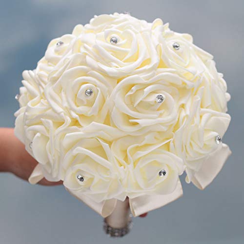 WIFELAI-A Ivory Cream Bouquet for Bride Bridesmaids with Diamond Soft Ribbons Artificial PE Rose Bridal Holding Flowers for Wedding, Party and Church(Dia:8.26inchH:10inch Ivory W2018)…