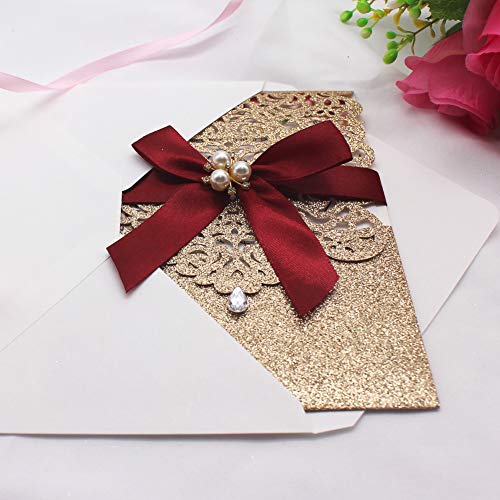AdasBridal 25Pcs Gold Glitter Laser Cut Invitations with RSVP Cards and Envelopes Luxury Diamond and Ribbon Design with 250GSM Pearl Paper Insert for Wedding Engagement Birthday Quinceanera Invite