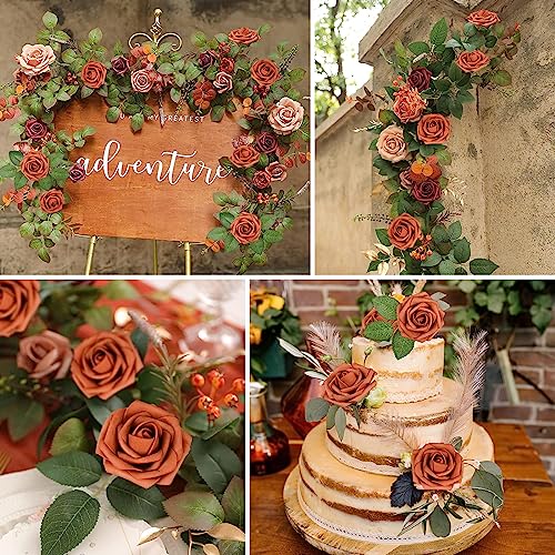 AmyHomie Artificial Flowers Burnt Orange Rose 25pcs Real Looking Fake Roses w/Stem for Fall Decor DIY Wedding Bouquets Centerpieces Arrangements Party Baby Shower Home Decorations