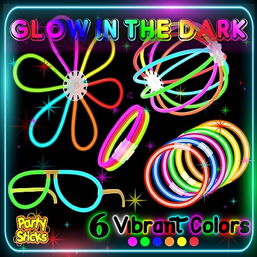 PartySticks Bulk Party Supplies 205 Piece Glow in The Dark Glow Sticks with Eye Glasses, Bracelets, and Connectors