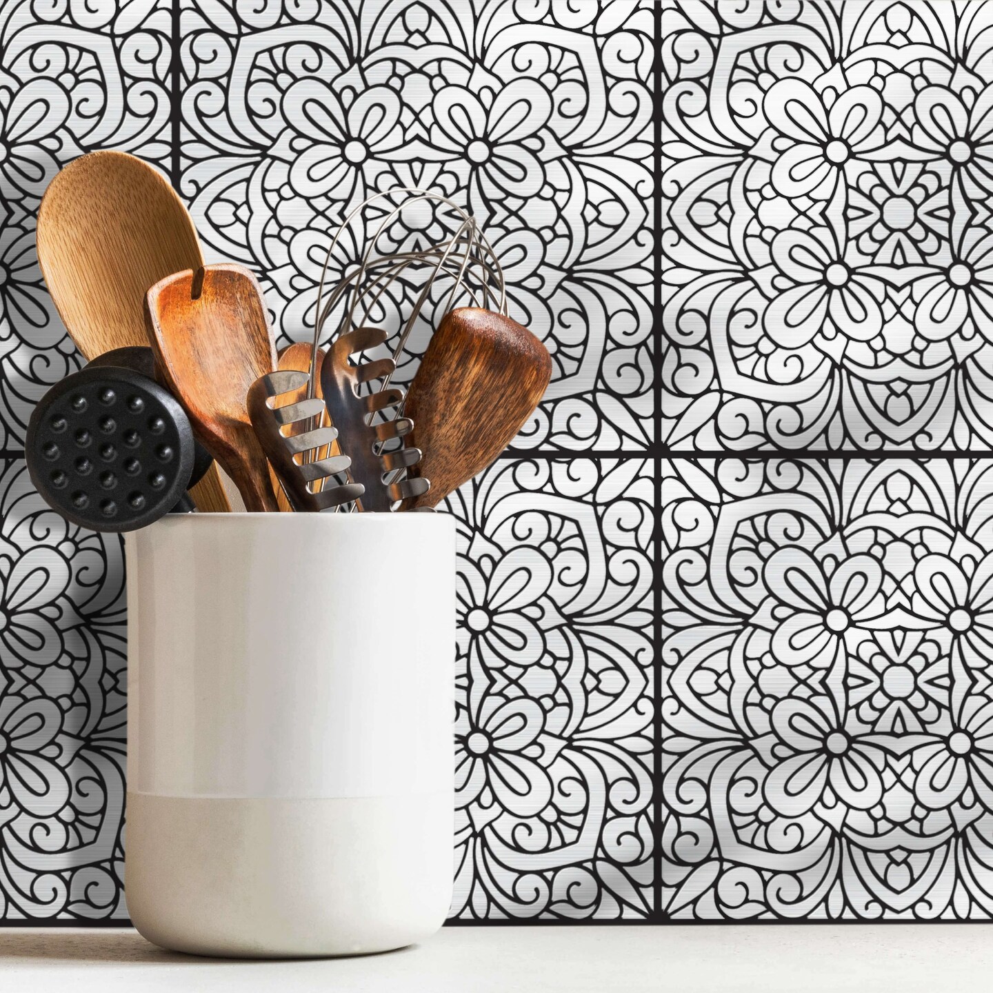 8 in x 8 in Silver Inked Garden Foil Peel and Stick Paper Tile Backsplash (24-Pack)